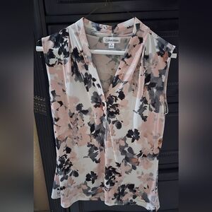 Calvin Klein Pink, Black & White Floral V-Neck Sleeveless Top